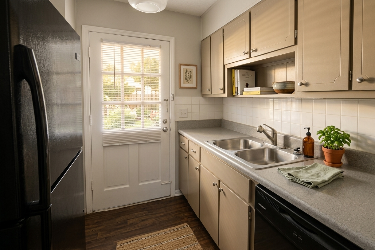 A kitchen with gray cabinets, a double sink, white tile, and a door to the left.