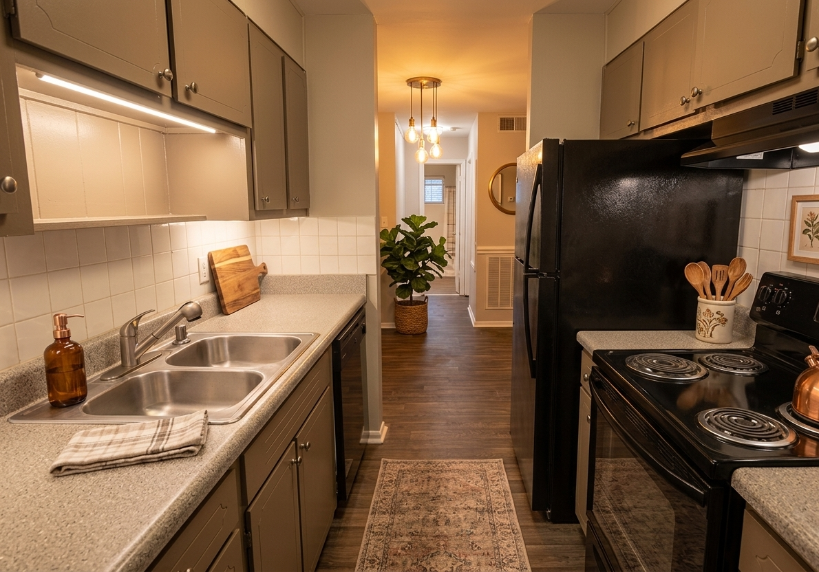 Kitchen with light countertops, dark appliances, and a hallway view.
