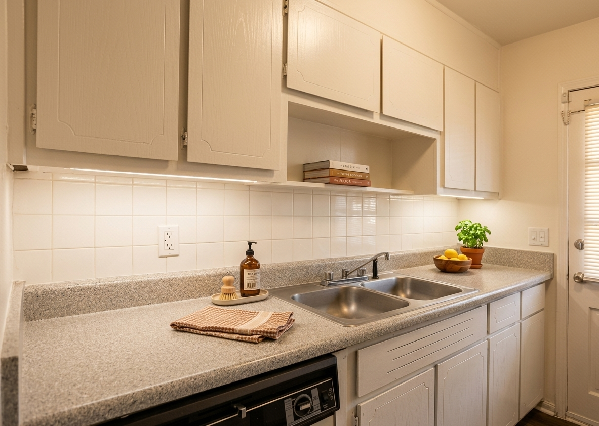 White kitchen cabinets, countertop, and sink; door with blinds on the right.