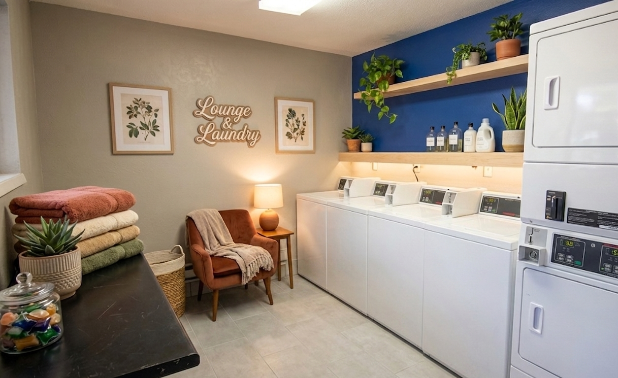 Laundry room with white machines, blue accent wall, black rug, beige wall, and a table.