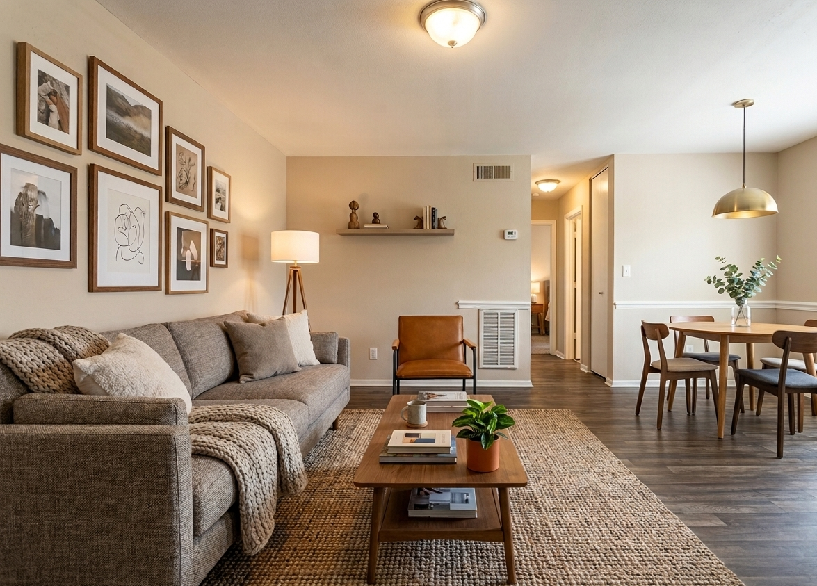 Empty living room with wood-look flooring and beige walls. Doorway to a lit hallway.