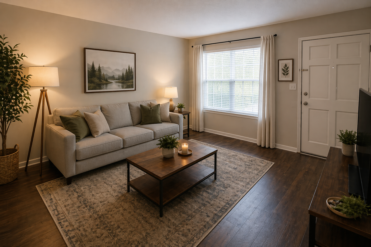 Empty room with wood-look floor, window, and white door; beige walls.