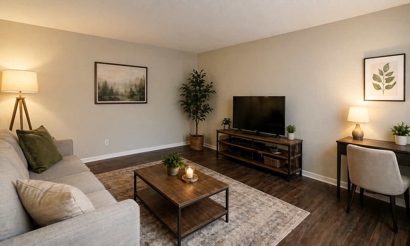 Empty room with wood-look flooring and beige walls.