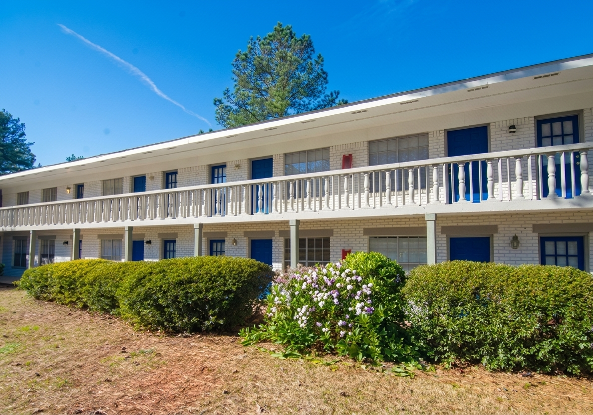 Two-story white brick apartment building with blue doors and a wooden balcony, bushes in front.