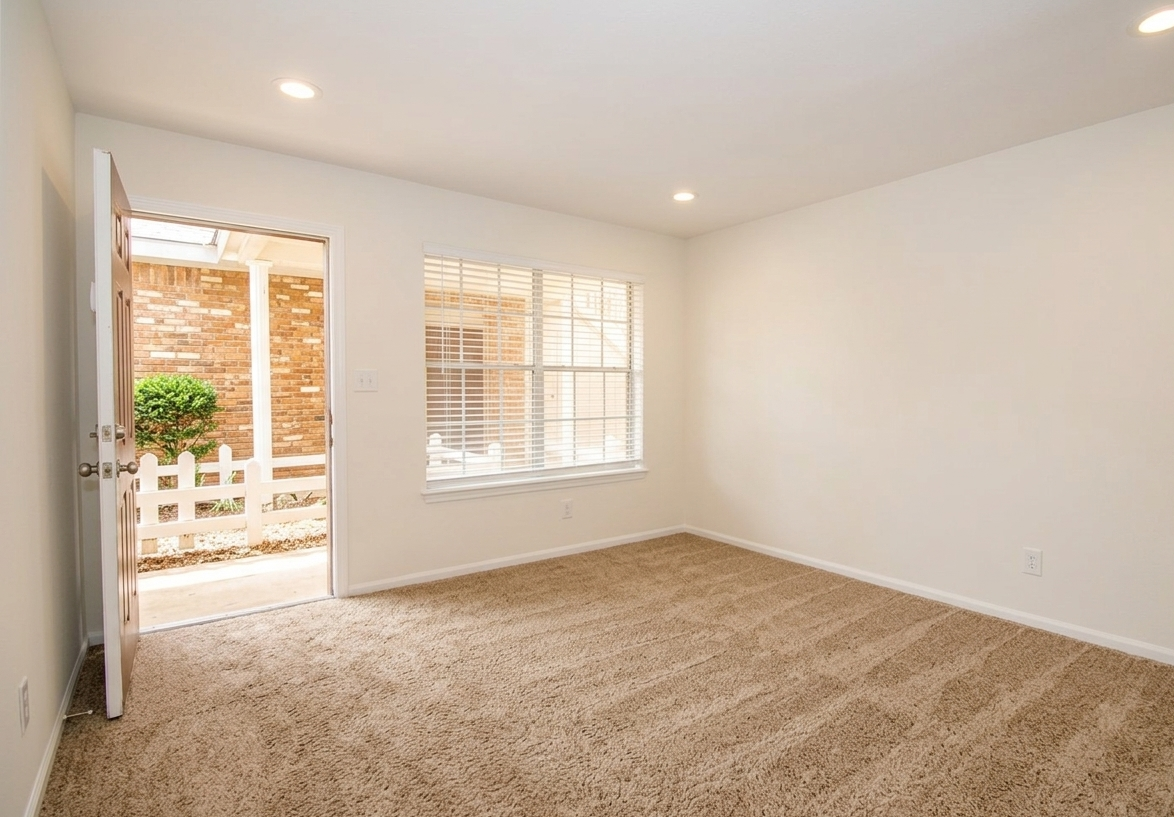 Empty room with beige carpet and walls; doorway on the left, window with obscured view on the back wall.