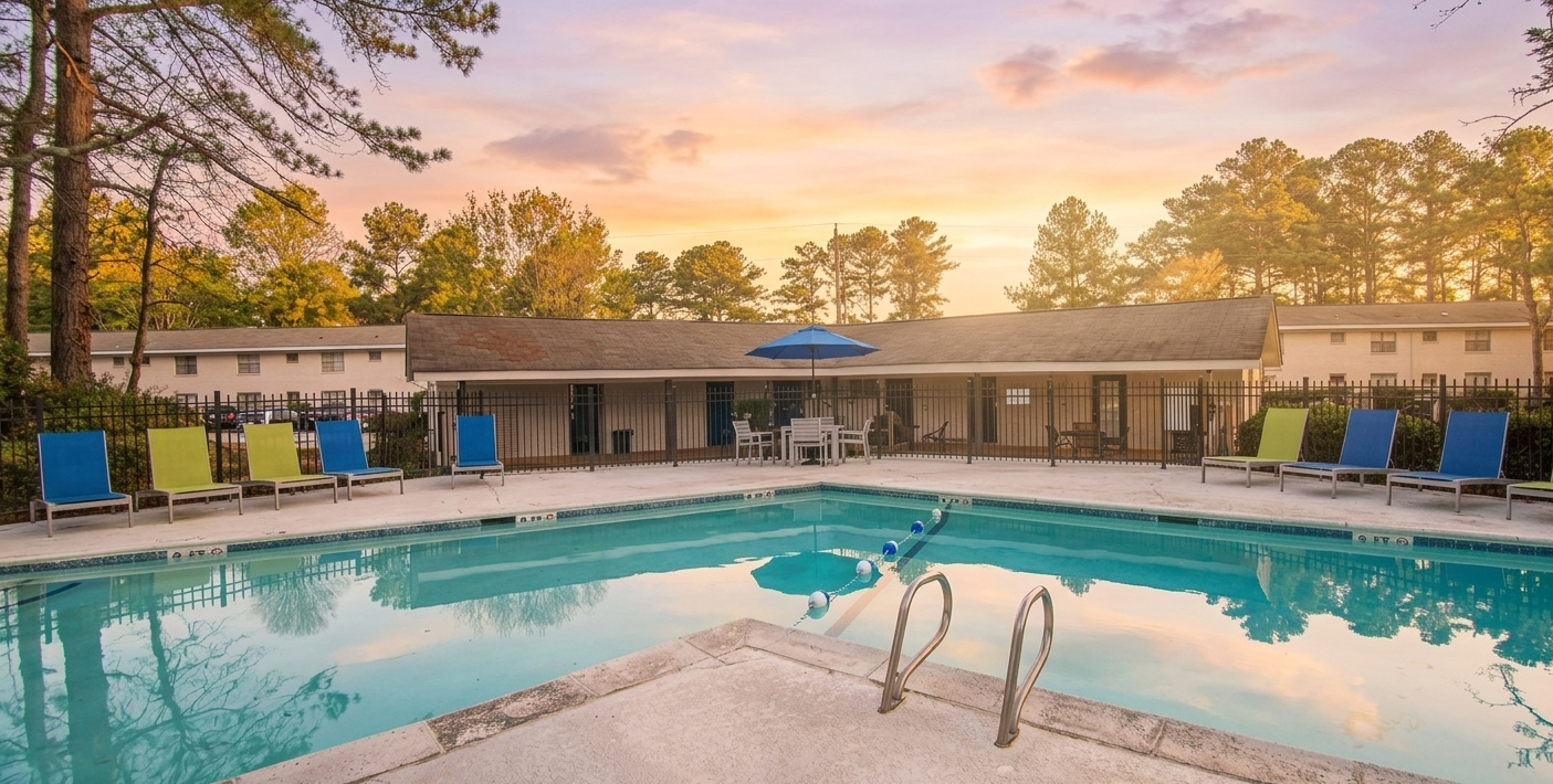 A swimming pool with blue and green chairs. A building is behind the pool with trees in the background.