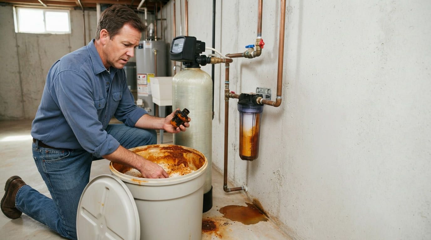 Person inspecting residue inside an open water softener brine tank