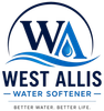 West Allis Water Softener Logo with WA Lettermark, Water Droplet, Wave Graphic, Tagline, and Company Name in West Allis, WI