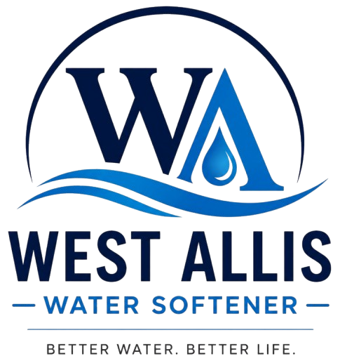 West Allis Water Softener Logo with WA Lettermark, Water Droplet, Wave Graphic, Tagline, and Company Name in West Allis, WI