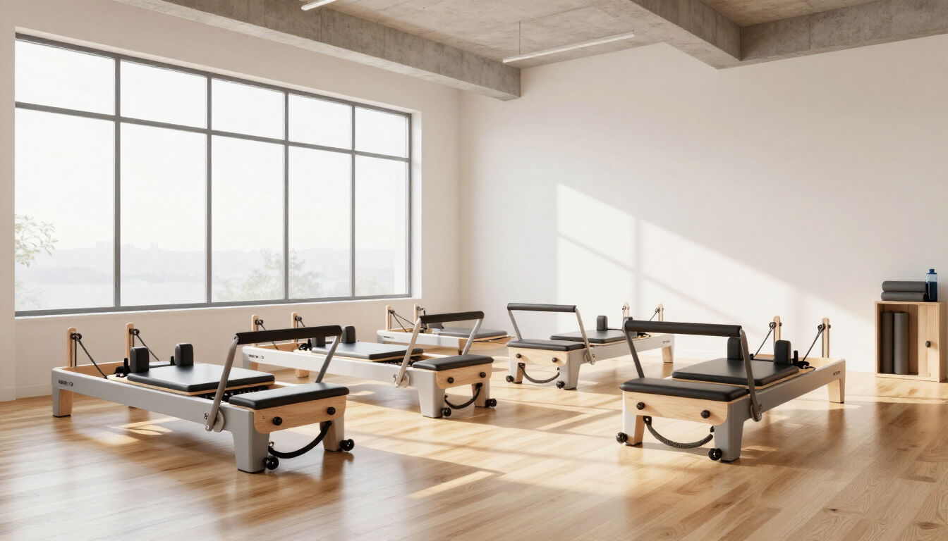 A beginner practicing Pilates on a reformer machine in a Woodland Hills studio.