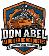 Logotipo de Don Abel Volquetes que muestra un camión con un contenedor de basura, un engranaje, herramientas y el nombre de la empresa en naranja y azul.