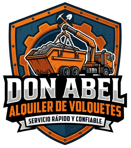 Logotipo de Don Abel Volquetes que muestra un camión con un contenedor de basura, un engranaje, herramientas y el nombre de la empresa en naranja y azul.