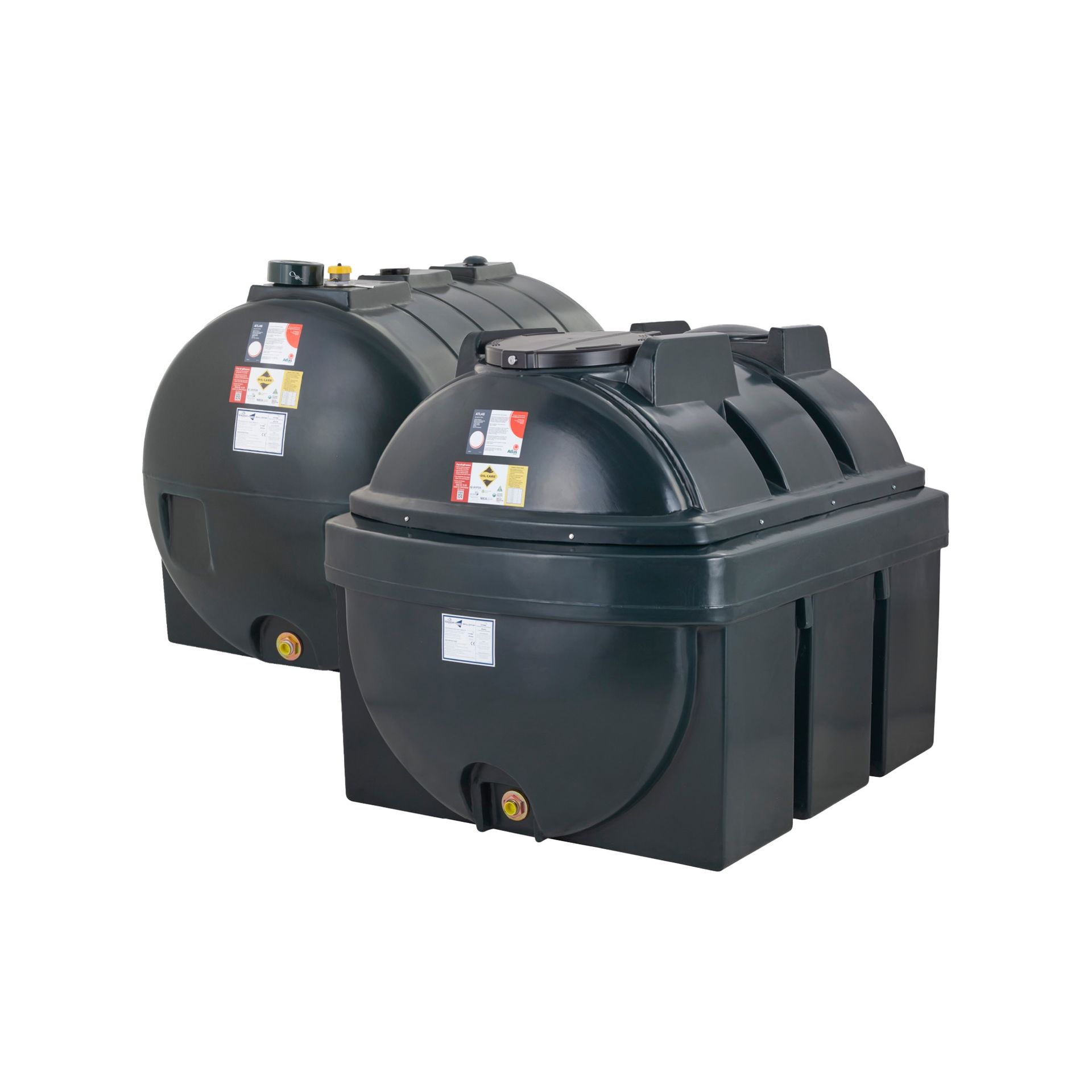 Photograph of Atlas brand Single Skin and Bunded Horizontal plastic heating oil storage tanks.