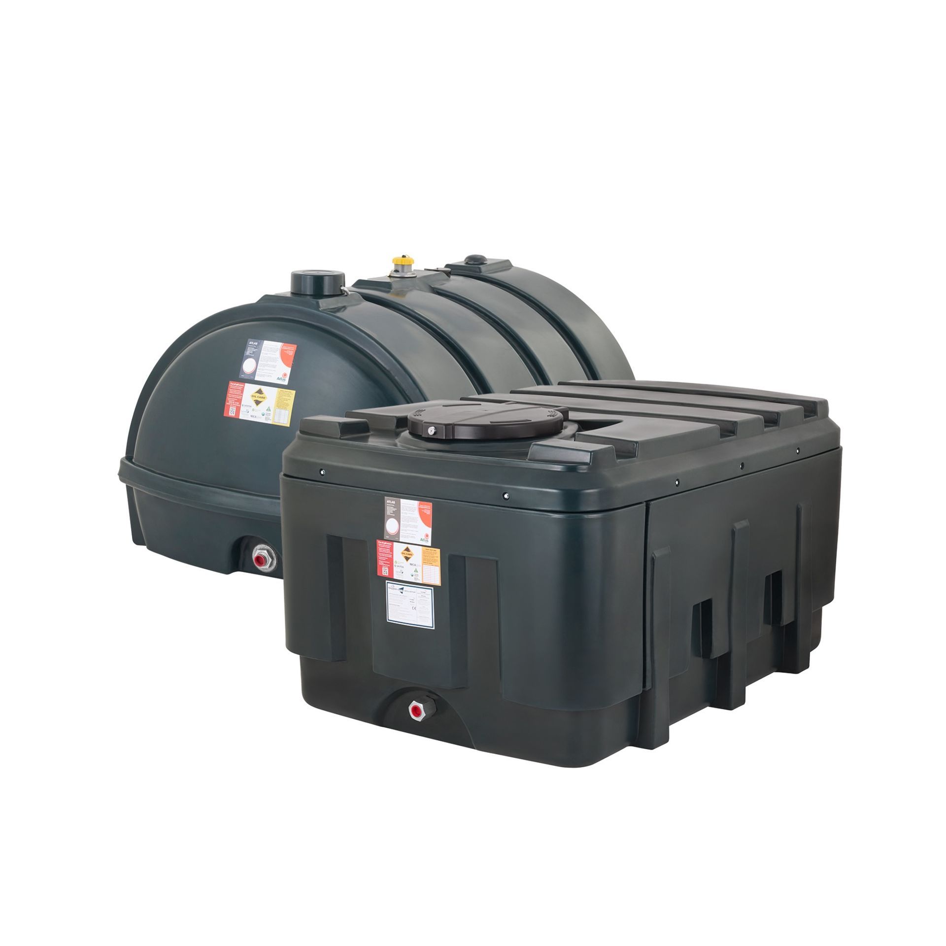 Photograph of Atlas brand Single Skin and Bunded Low Profile plastic heating oil storage tanks.