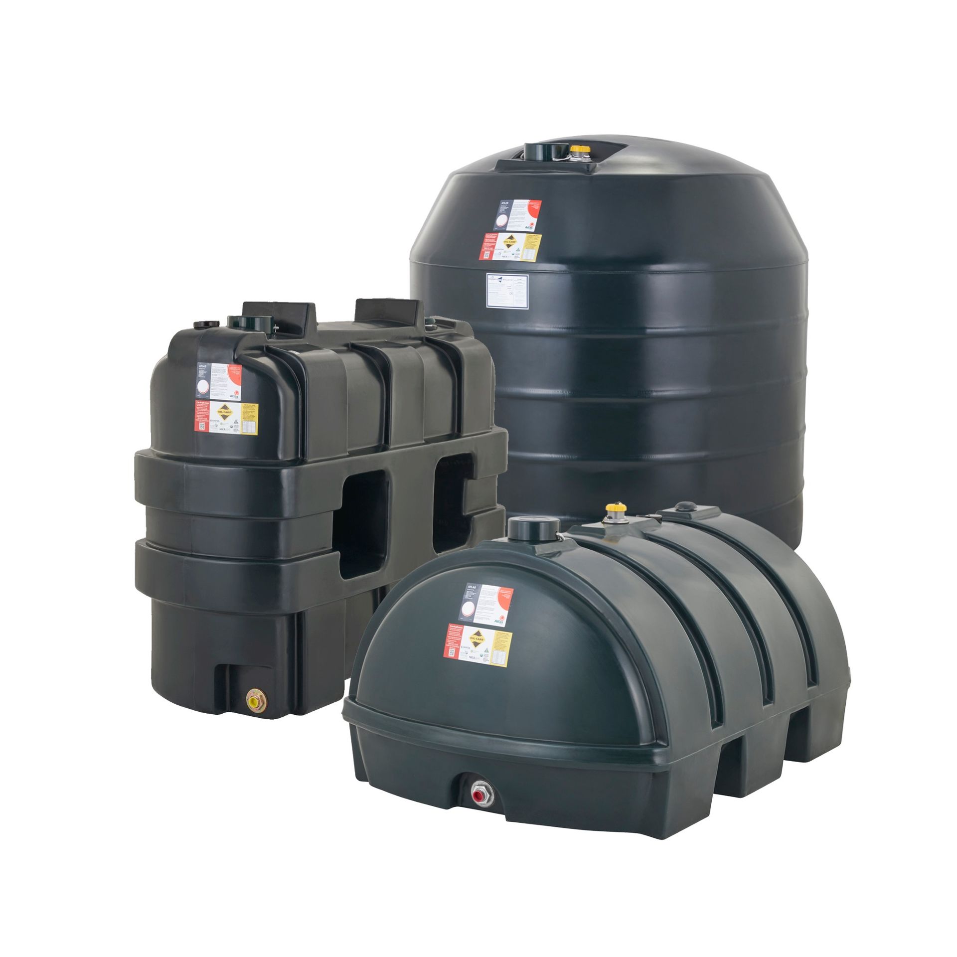 Photograph of Atlas brand Slimline, Vertical and Low Profile, Single Skin plastic heating oil tanks.