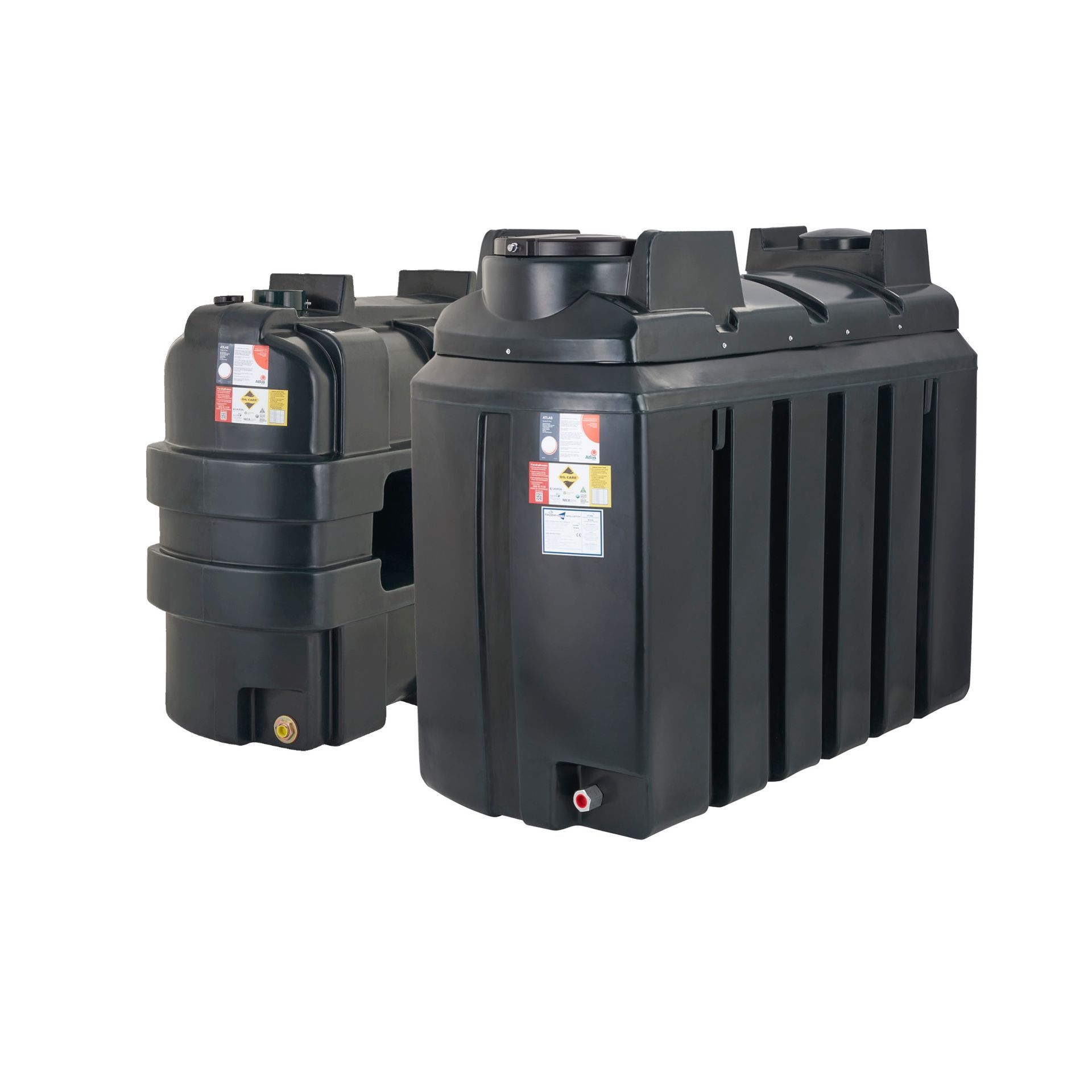 Photograph of Atlas brand Single Skin and Bunded plastic heating oil tanks, against a white background.