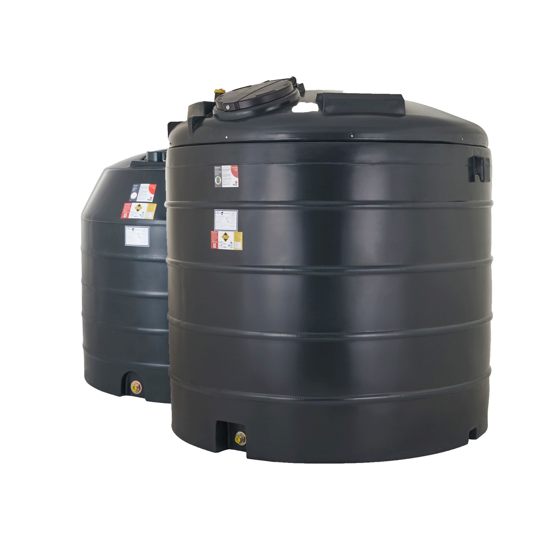 Photograph of Atlas brand Single Skin and Bunded Vertical plastic heating oil storage tanks.