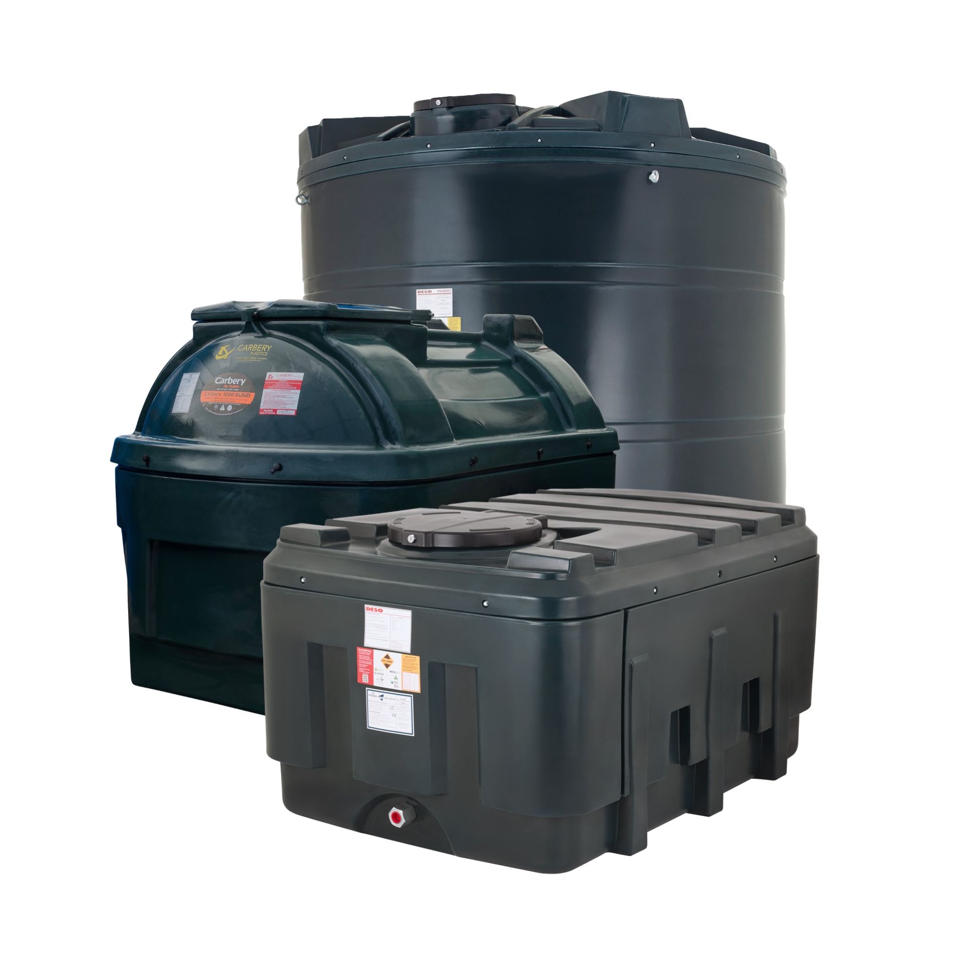 Photograph of DESO Vertical, Carbery Horizontal, and DESO Low Profile Bunded Heating Oil Tanks, against a white background.