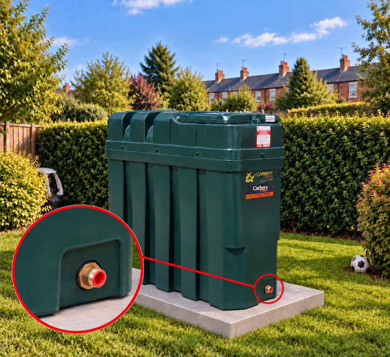 Image of a Carbery 1000SB Superslim Bunded Heating Oil Tank, installed in a garden, and showing a close up of the bottom outlet fitted to the tank.