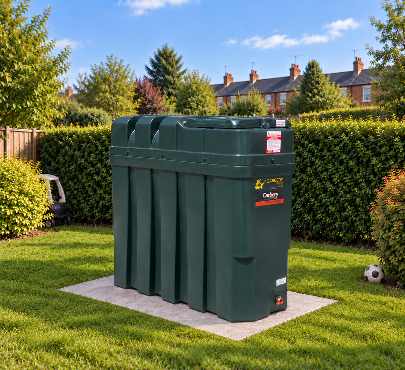 A composite image of Carbery 1000SB, 9000VB and 2500HB bunded heating oil tanks.