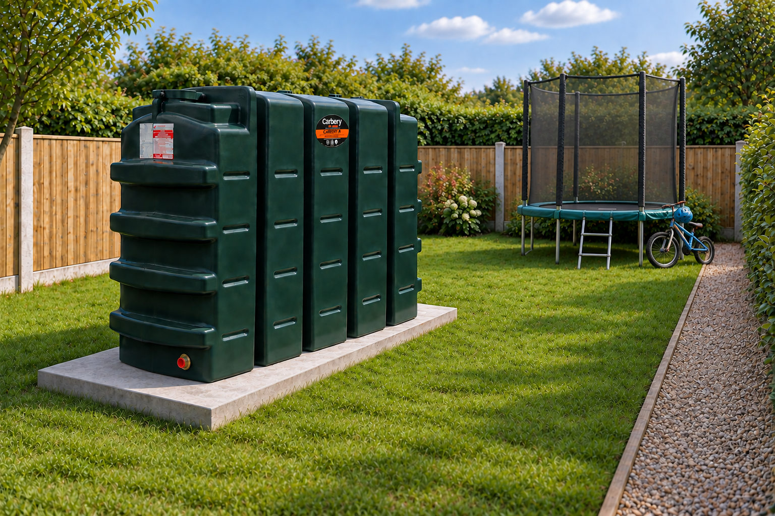 Photograph of Carbery 1100R Single Skin Plastic Heating Oil Tank installed on a concrete base in a domestic garden.