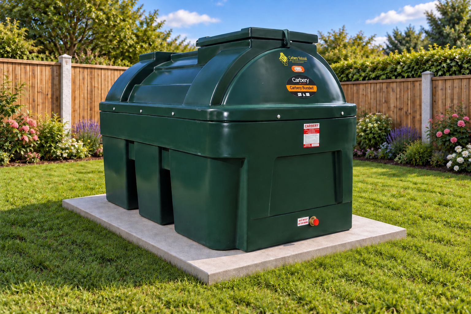 Bunded tanks, such as this Carbery 1350HB Horizontal Bunded Tank, are proven to reduce the risk of an environmental pollution incident, in the event of a spill. Image of a Carbery 1350HB Horizontal Bunded Plastic Heating Oil Tank, situated on a concrete base in a garden.
