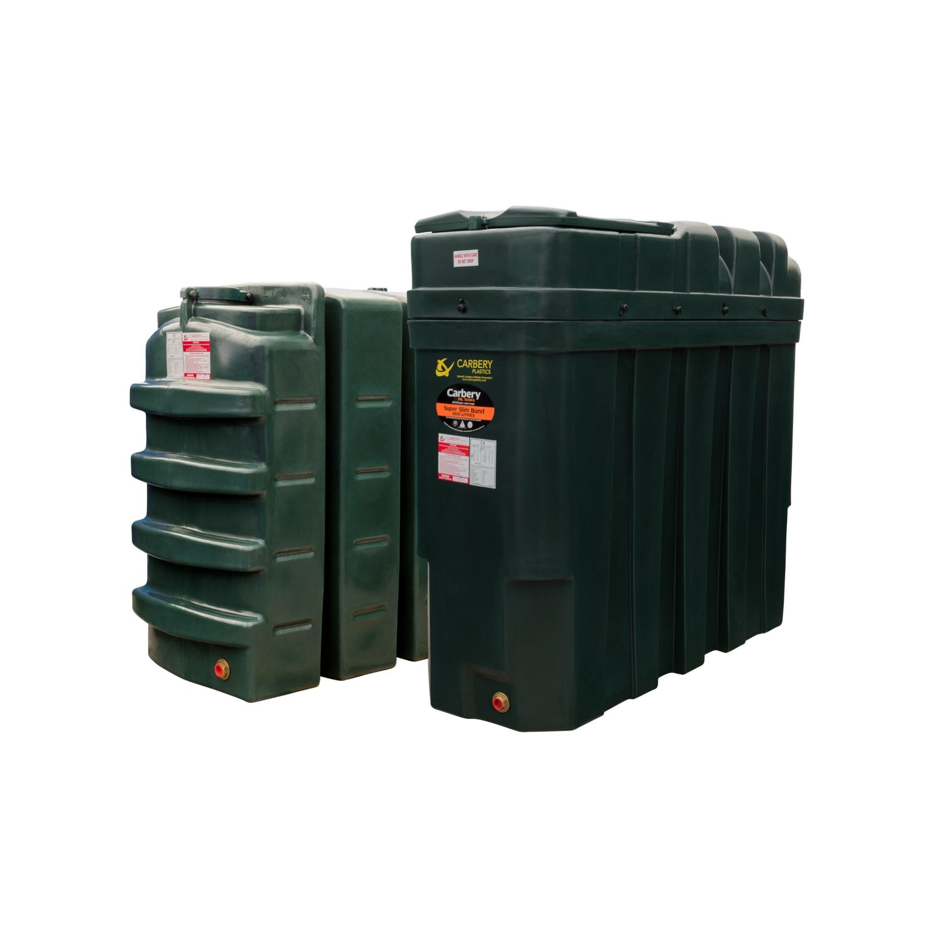 Photograph of Carbery Plastics' single skin and bunded Slimline plastic heating oil tanks.