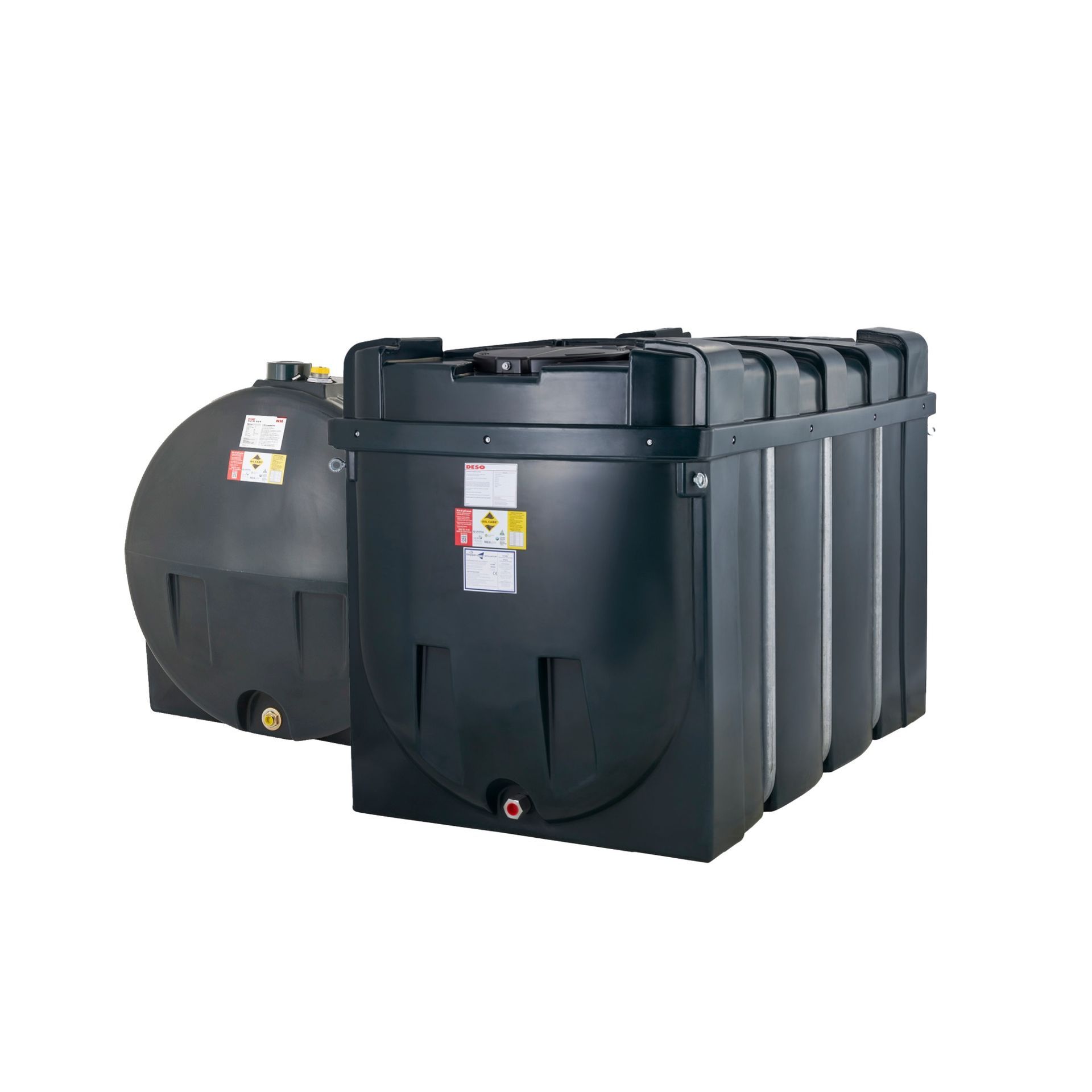 Photograph of DESO Horizontal single skin and bunded plastic heating oil tanks.