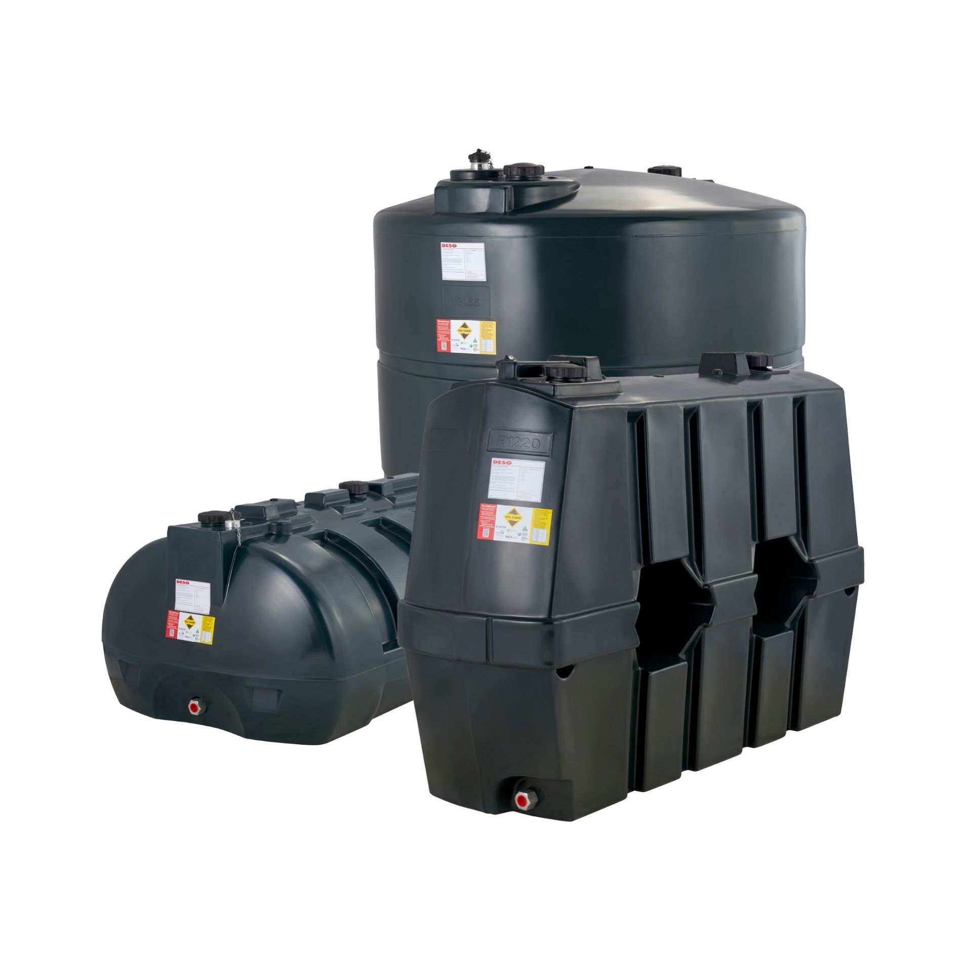 Photograph of DESO Vertical, Low Profile and Slimline Rectangular single skin plastic heating oil tanks.