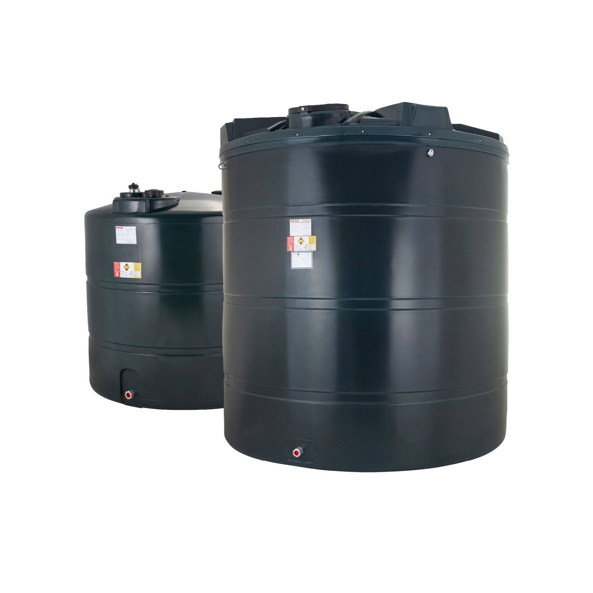 Photograph of DESO Verticsl single skin and bunded plastic heating oil tanks.
