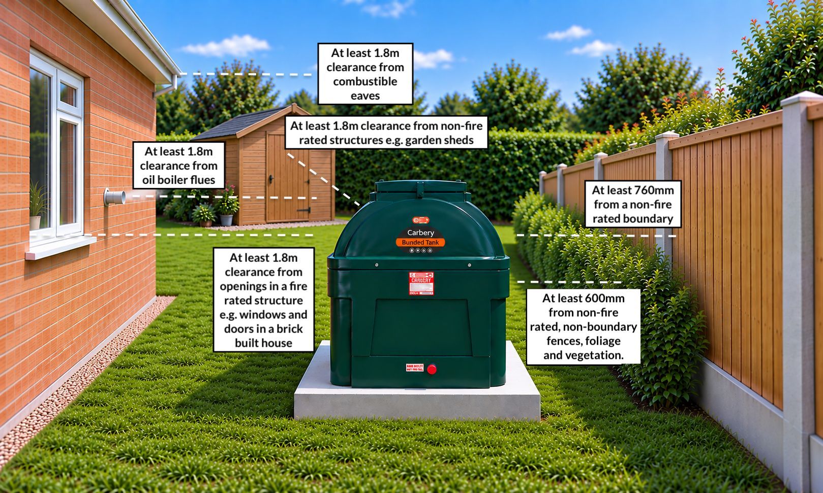 Image showing key fire safety clearance distances for domestic heating oil tanks in the UK and Republic of Ireland