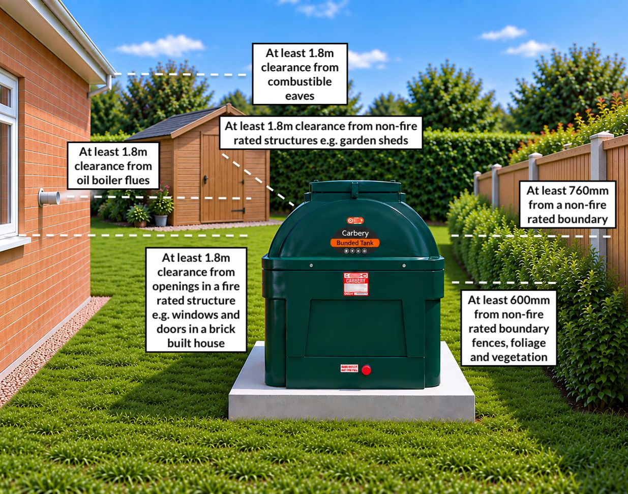 Key fire safety clearance distances for domestic heating oil tanks Image showing key fire safety clearance distances for domestic heating oil tanks in the UK and Republic of Ireland