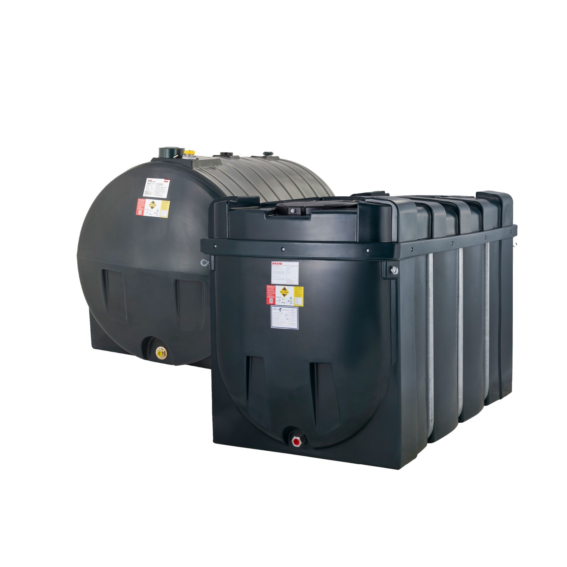 Photograph of DESO brand single skin and bunded Horizontal plastic heating oil tanks, against a white background.