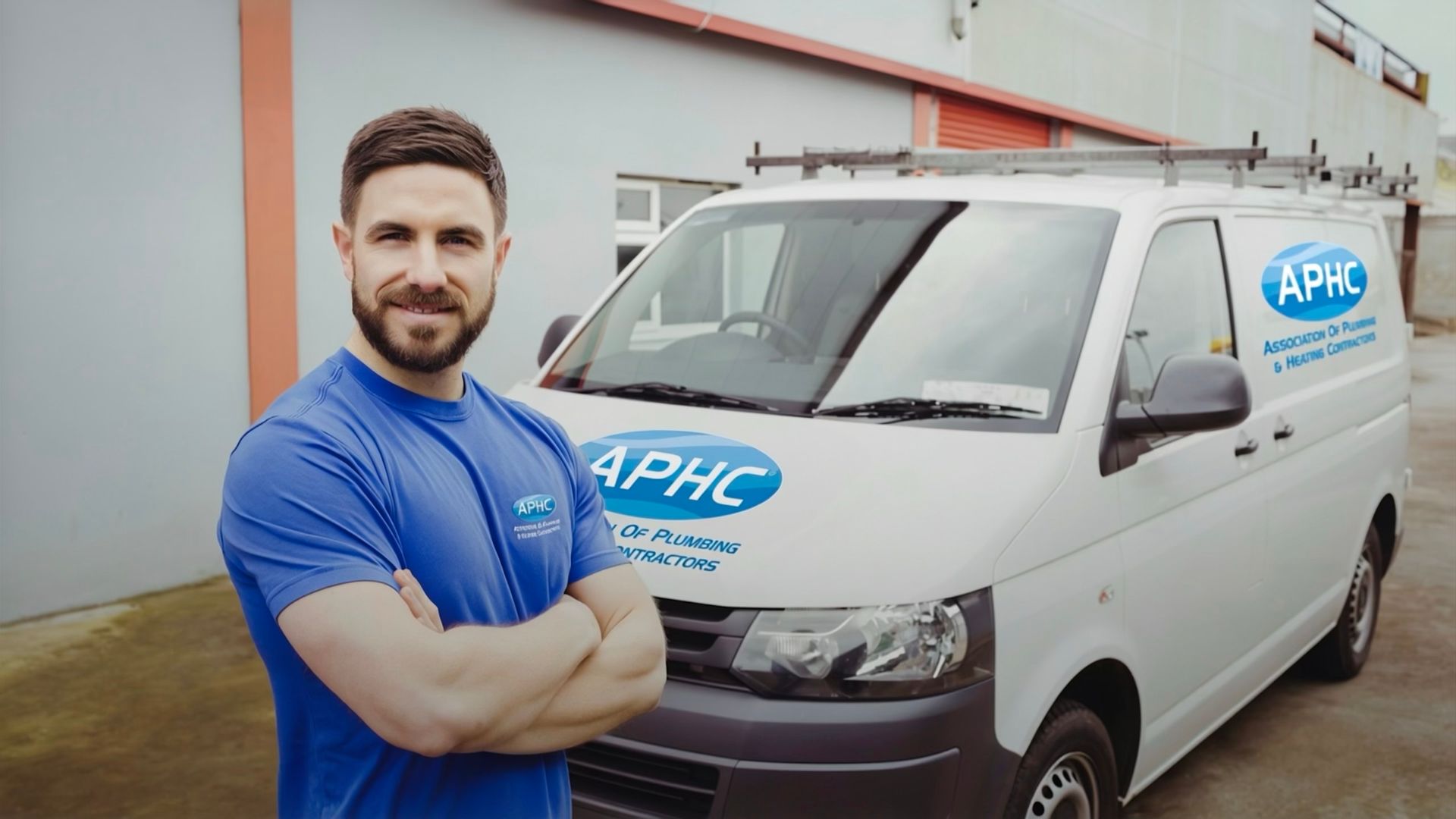 There are APHC registered storage tank technicians throughout England and Wales. Photograph of a man wearing an Association of Plumbing & Heating Contractors (APHC) T-Shirt, standing in front of an APHC liveried, Volkswagen van.