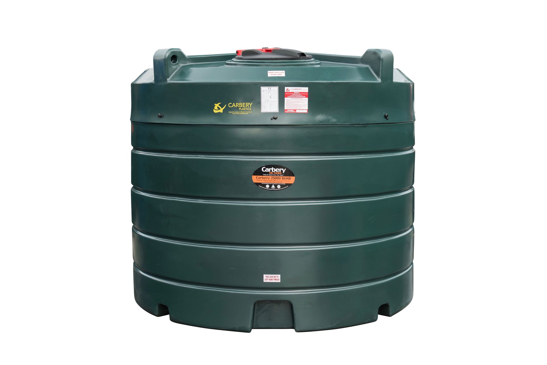 Vertical Tanks are especially popular at new build installations Photograph of Carbery 2500VB Vertical Bunded Heating Oil Tank against a white background