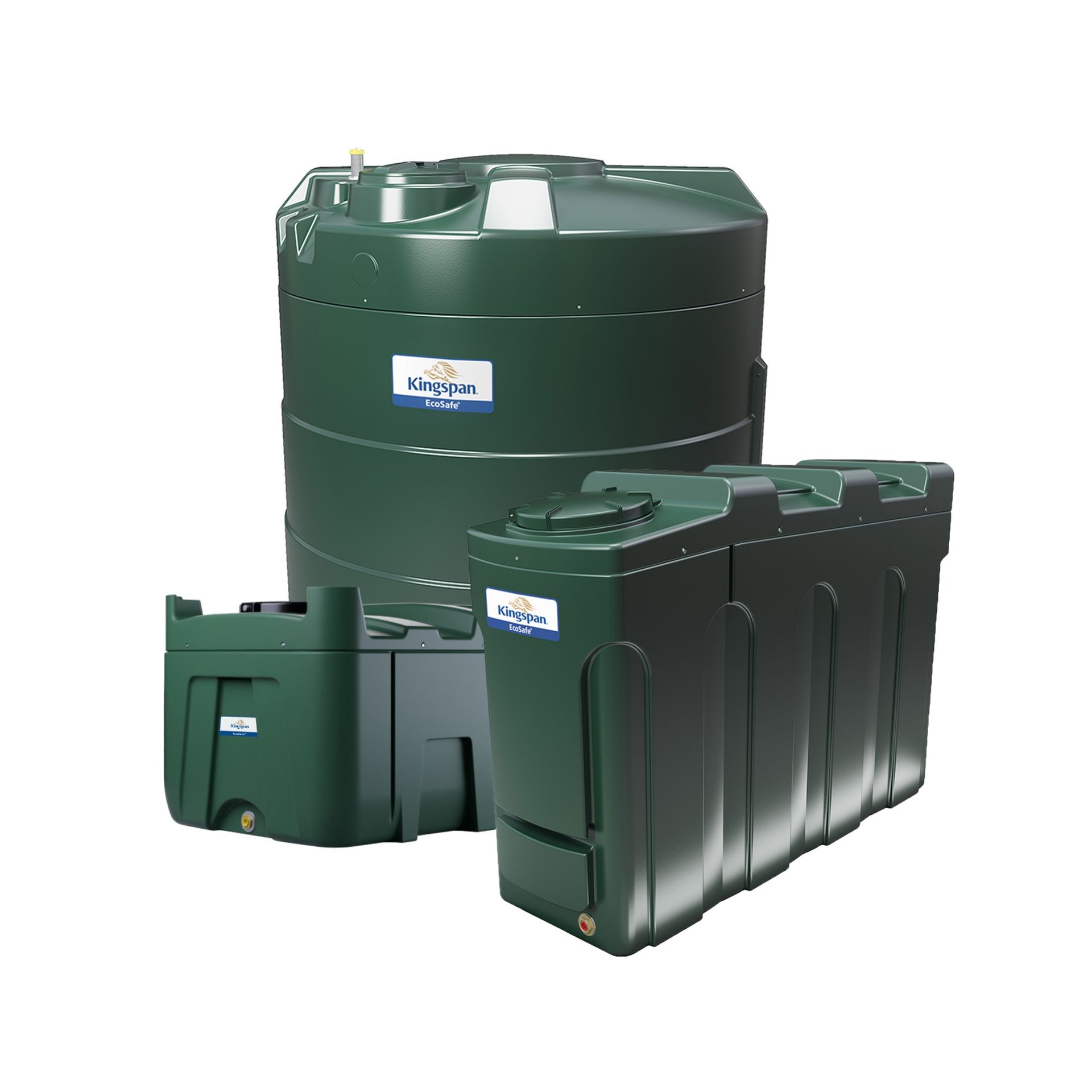 Photograph of Kingspan Titan brand Vertical, Low Profile and Rectangular Slimline bunded plastic heating oil tanks.
