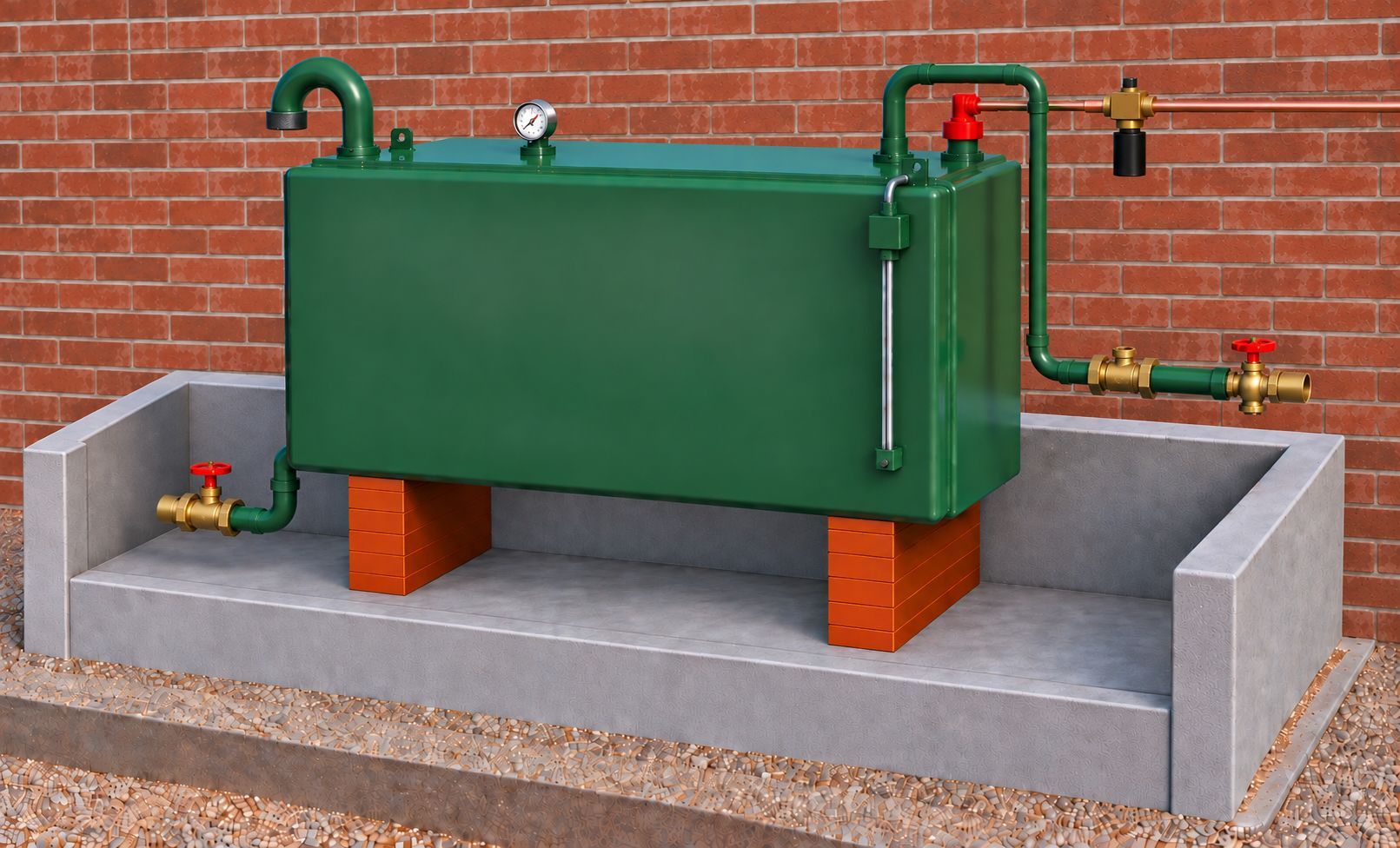AI generated image of a single skin oil tank, placed inside a cut-away masonry bund, with a brick wall in the background.