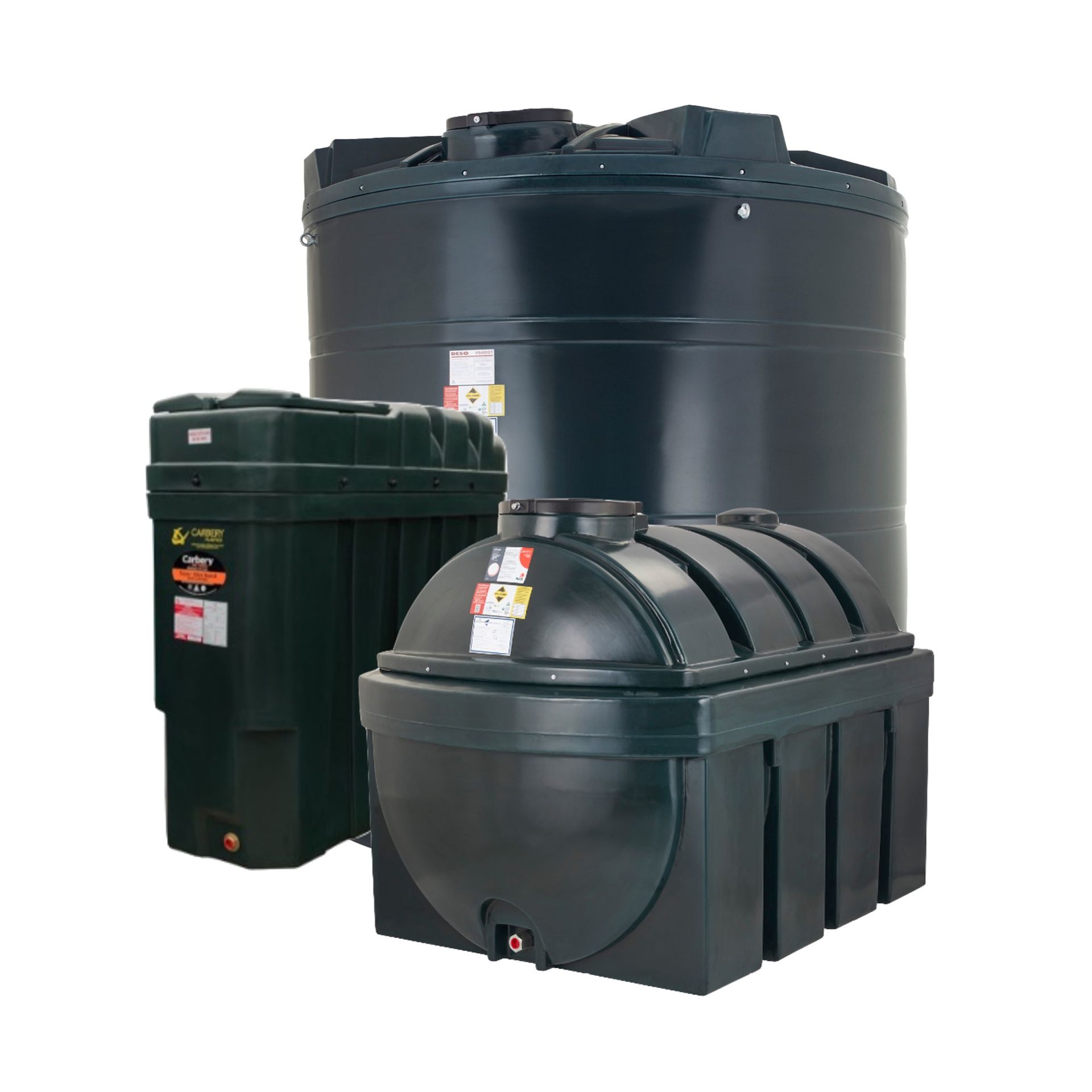 Photograph of Carbery Vertical, Slimline and Horizontal bunded plastic heating oil tanks on a white background.