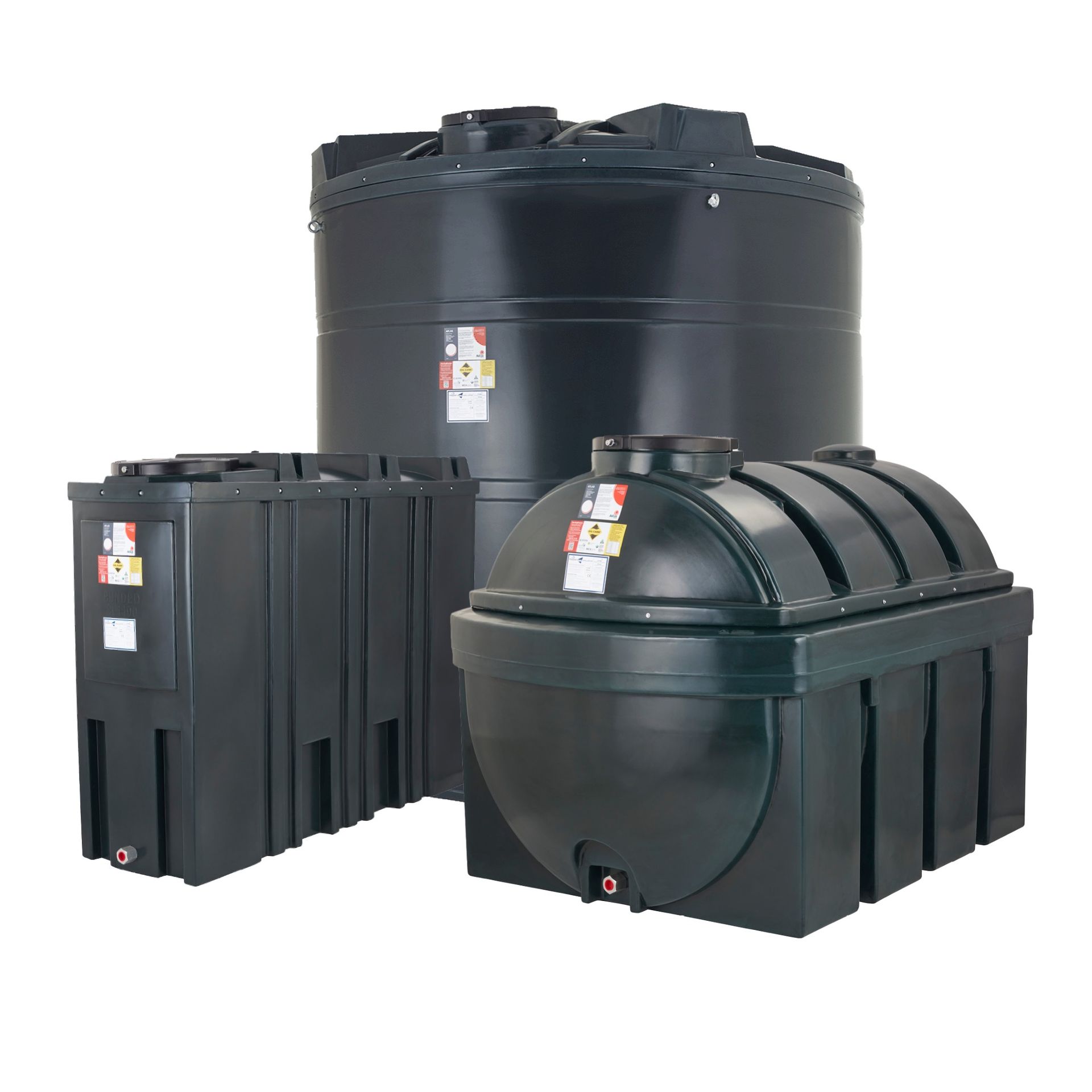 Photograph of Atlas brand, Slimline, Vertical and Horizontal Bunded Tanks, set against a white background.