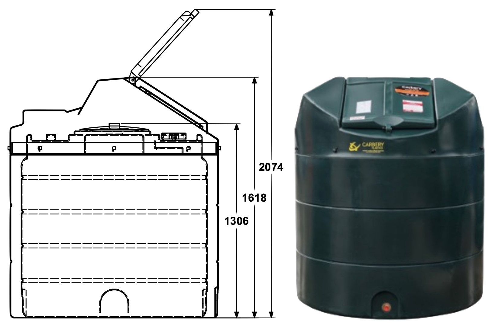 Photograph and schematic drawing of Carbery Plastics 1350VB Bunded Heating Oil Tank, displayed against a white background.