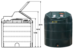 Part photograph of Carbery 1350VB Vertical Bunded Oil Tank, beside a schematic product drawing on a white background. 