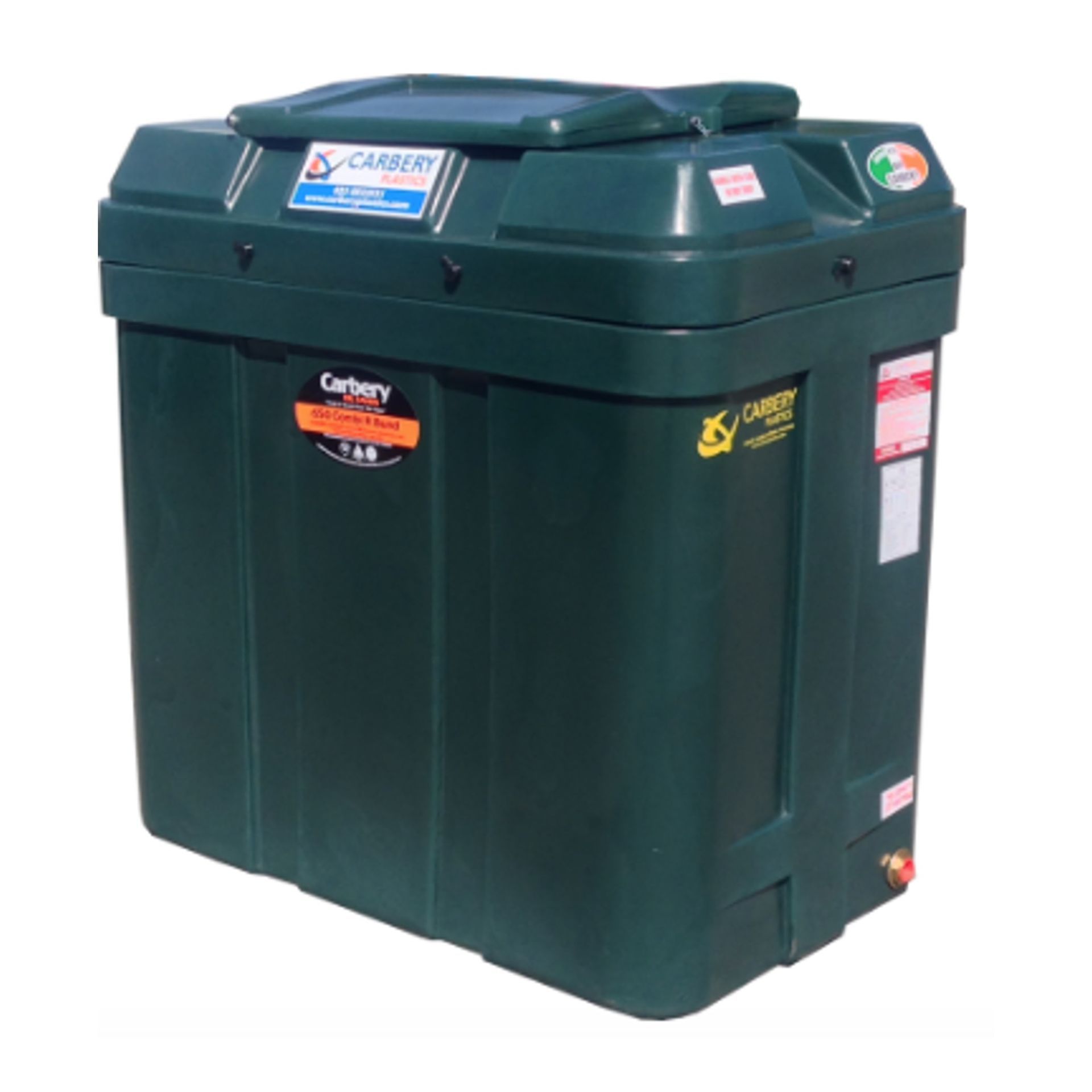Bunded Oil Tanks are more difficult to access than old-fashioned Single Skin Oil Tanks. Photograph of a Carbery 650RB Slimline Rectangular Plastic Bunded Heating Oil Tank, against a white background.