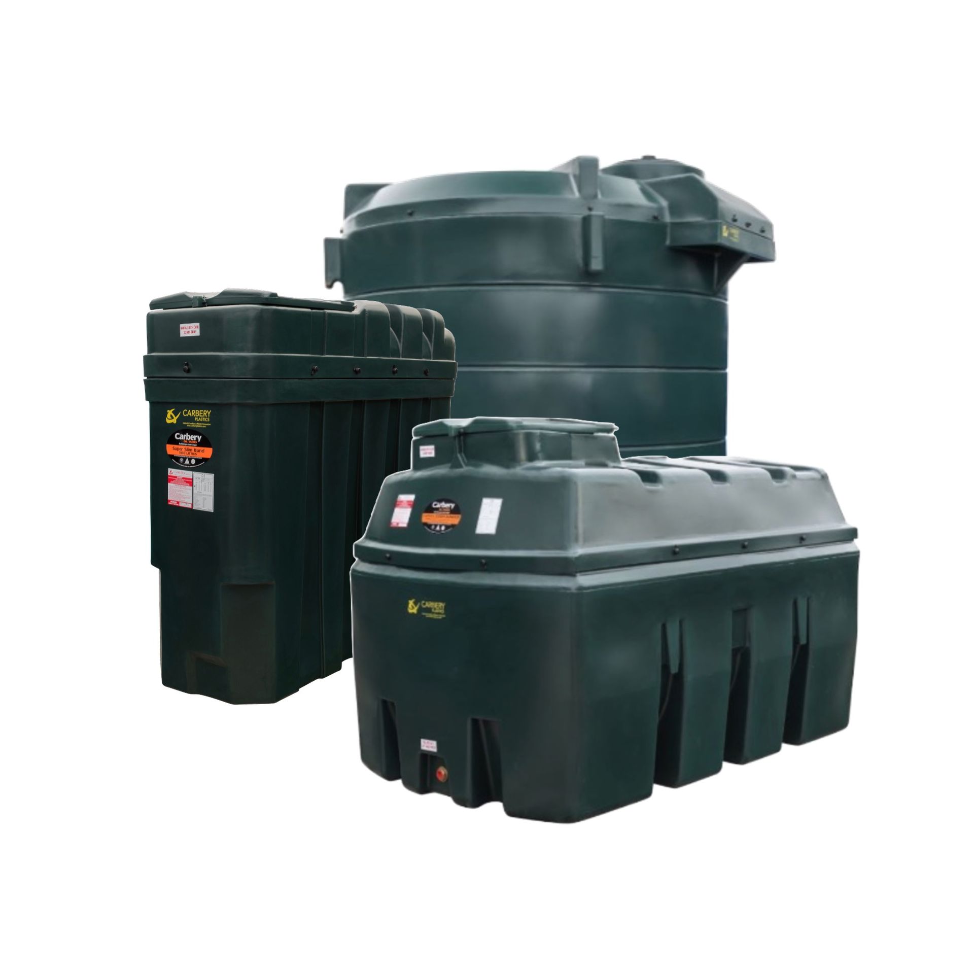 Photograph of Carbery Plastics' Vertical, Slimline and Horizontal bunded heating oil tanks.