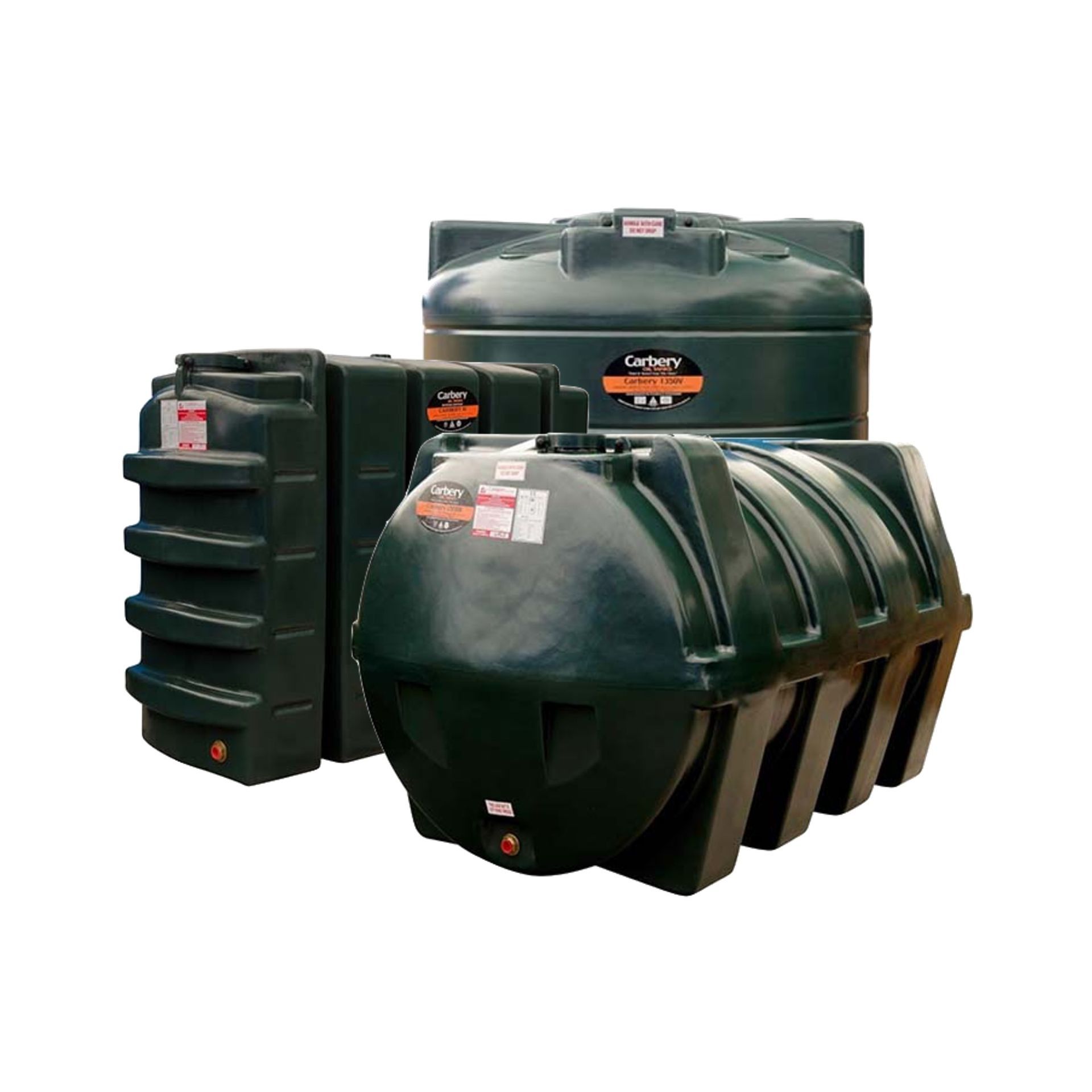 Photograph of Carbery Plastics' Vertical, Slimline and Horizontal single skin heating oil tanks.