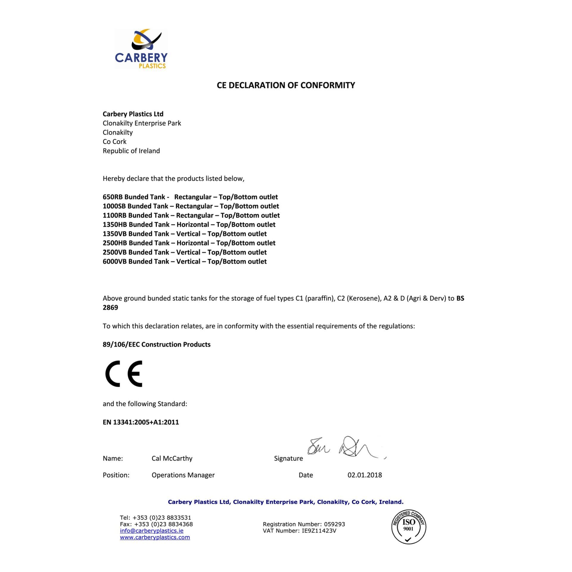 Reproduction of CE EN 13341 Declaration of Performance for Carbery Plastic Heating Oil Tanks.