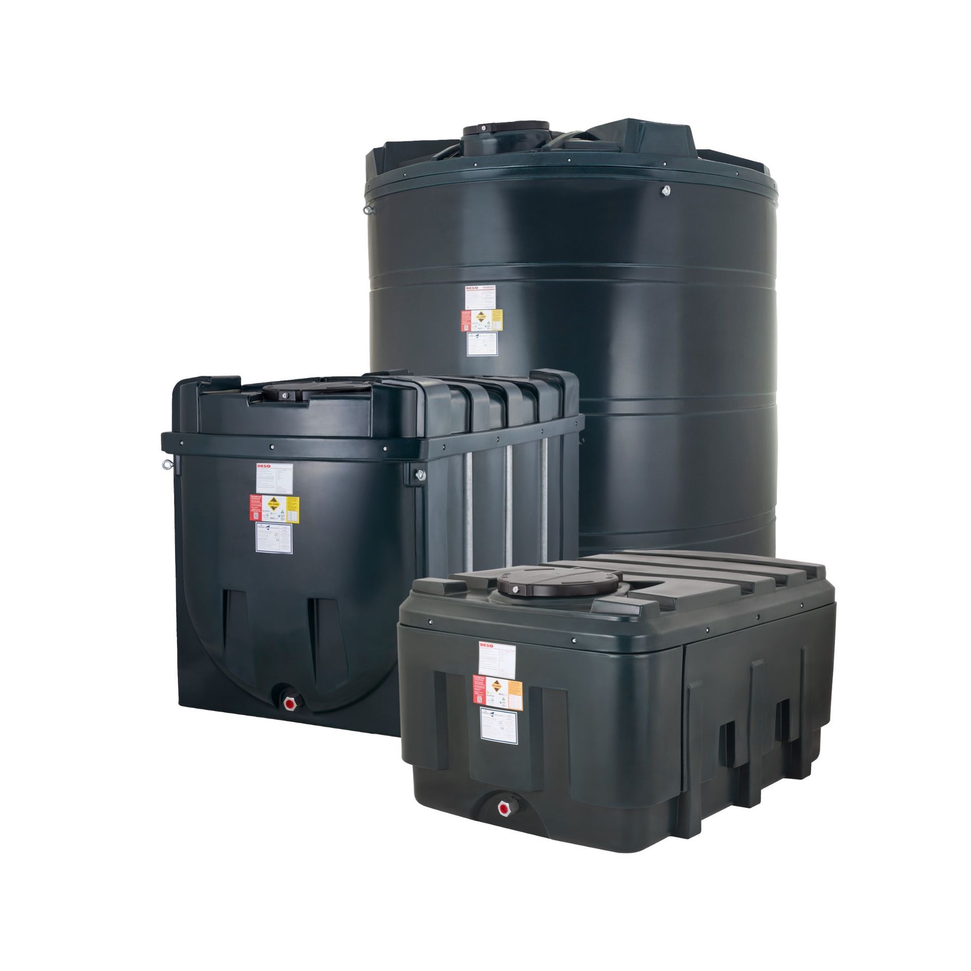 Photograph of DESO brand Vertical, Horizontal, and Low Profile bunded heating oil tanks, against a white background.