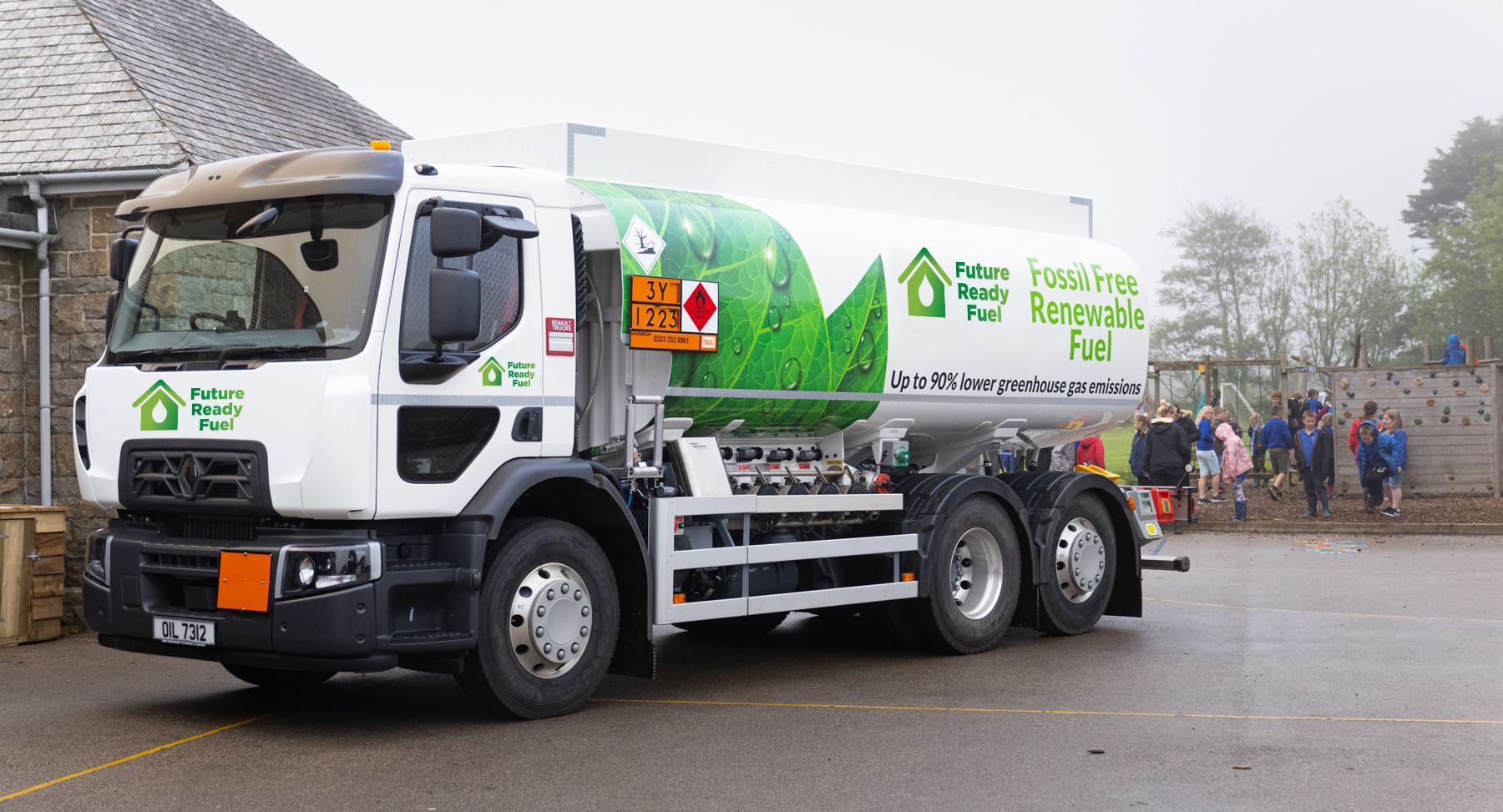 Photograph of HVO heating oil tanker, parked outside a primary school. 