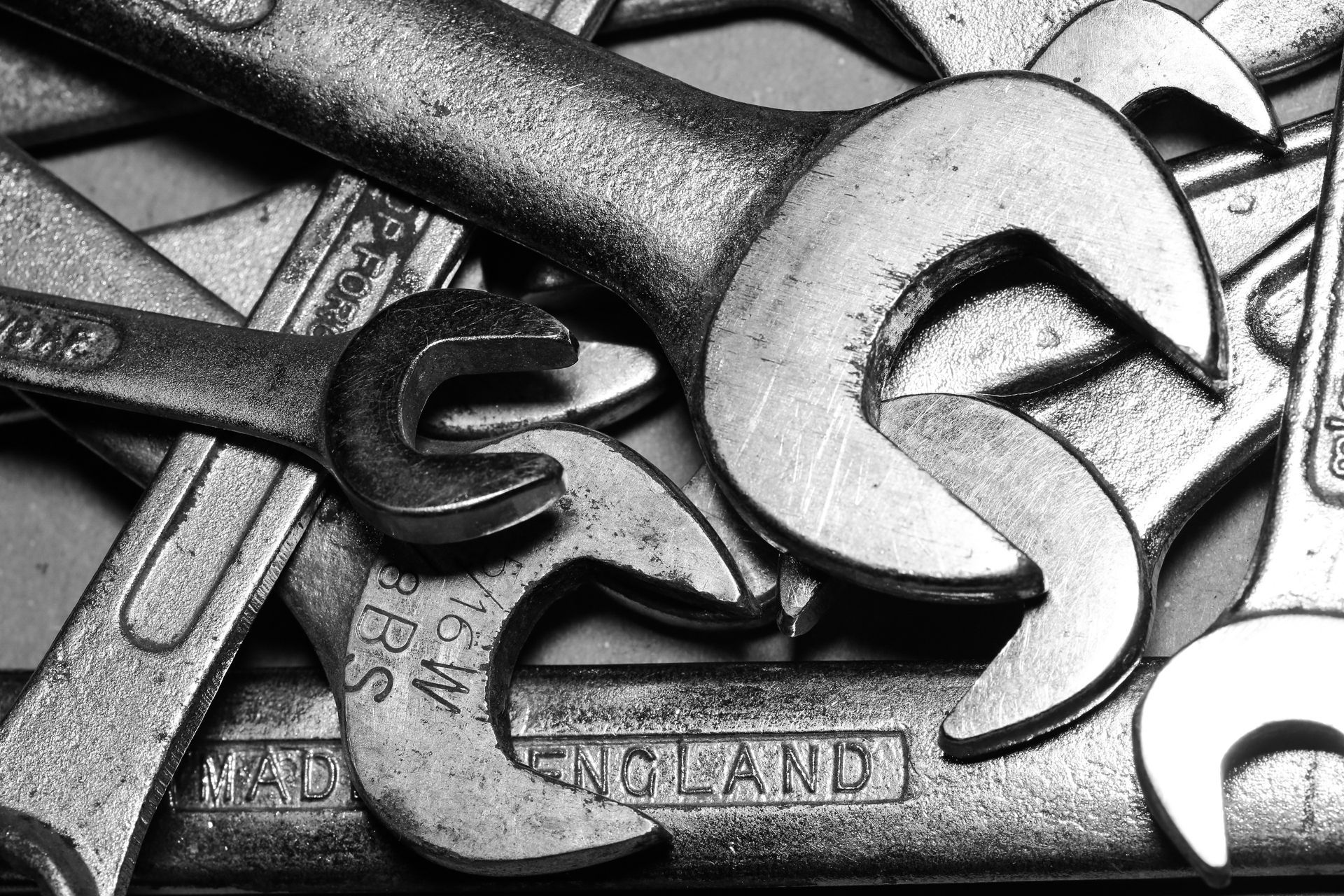 Photograph of a selection of spanners and wrenches