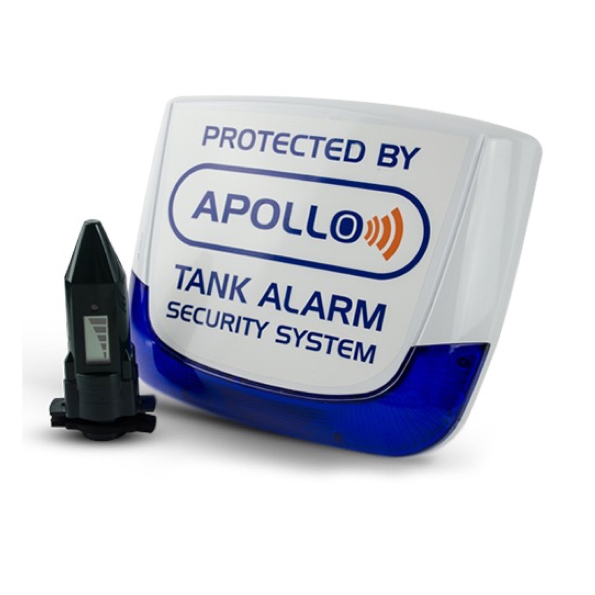 Photograph of Apollo Visual ultrasonic oil monitor with Apollo tank alarm bell box, on a white background.