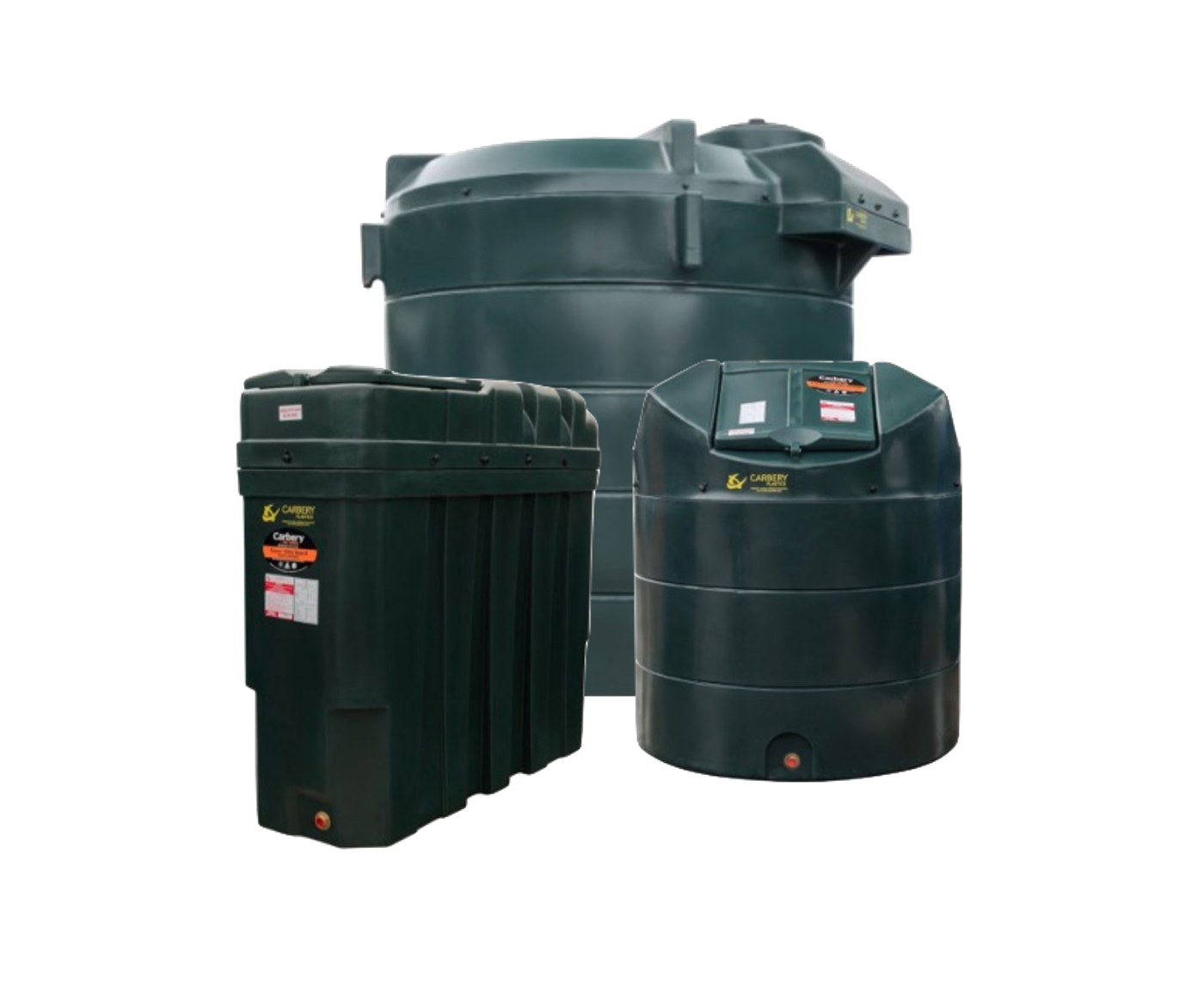 Photograph of Carbery Bunded Vertical and Slimline plastic heating oil tanks, displayed against a white background.